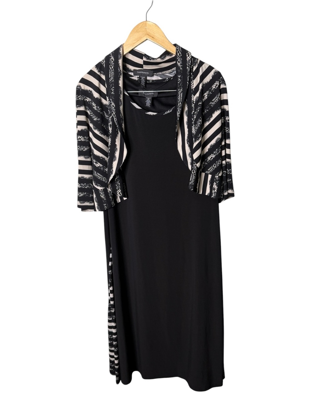R&M Richards Black Beige Size 10 Stripe Lace Dress and Jacket Set Stretch